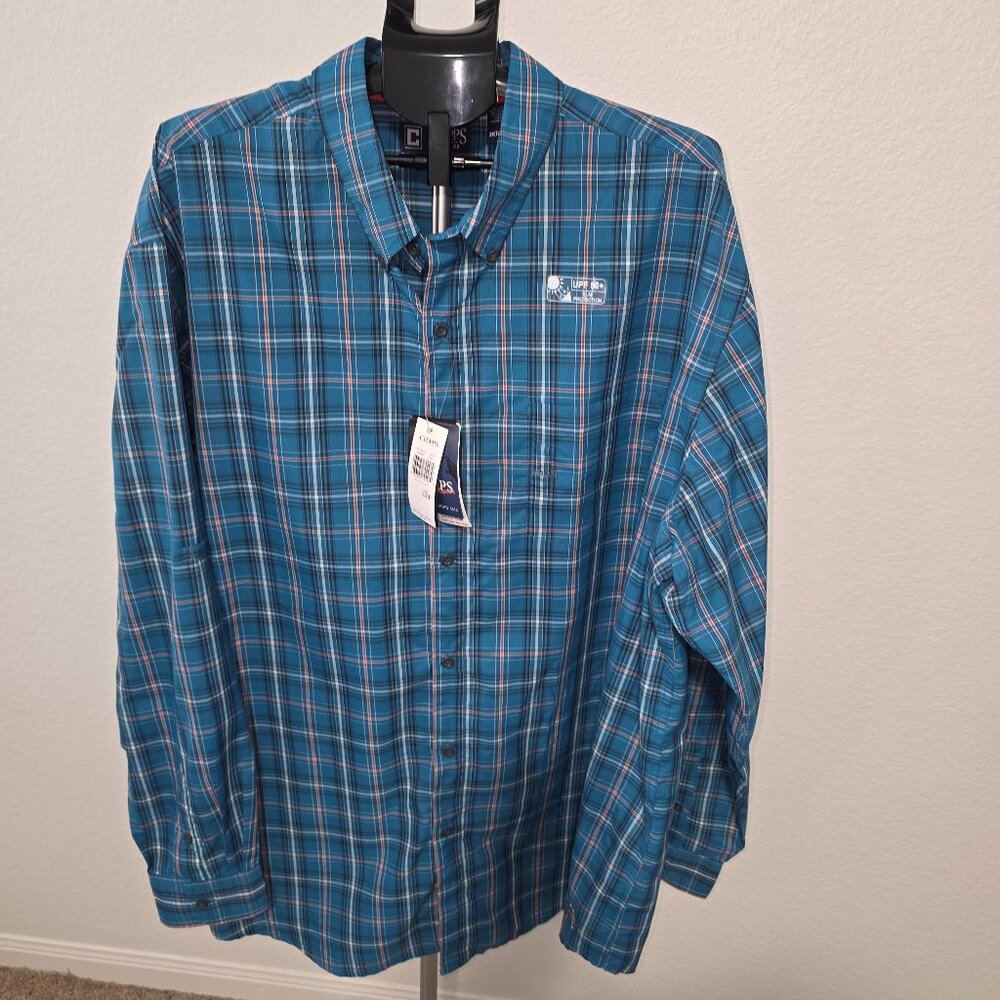 CHAPS MENS 3XT NWT BLUE, BLACK, RED AND WHITE PLAID LONG SLEEVE TREKKER SHIRT